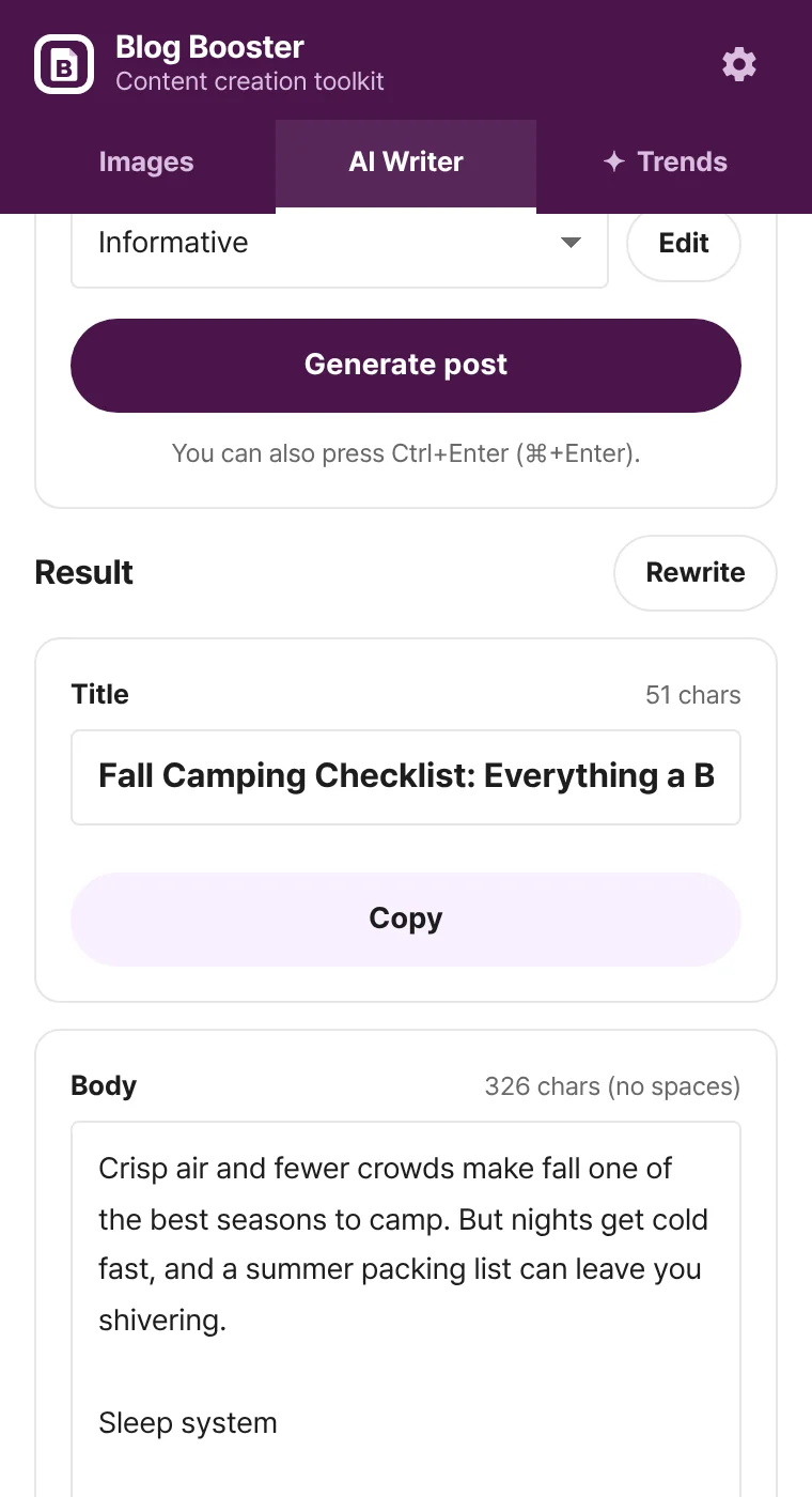 AI writer tab showing a generated title and body with copy buttons