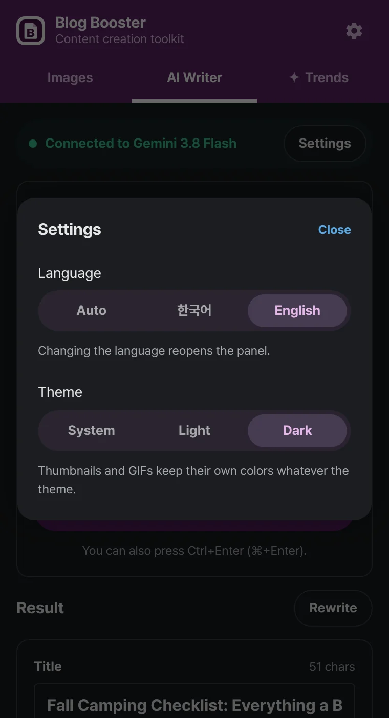 Blog Booster settings shown in dark mode