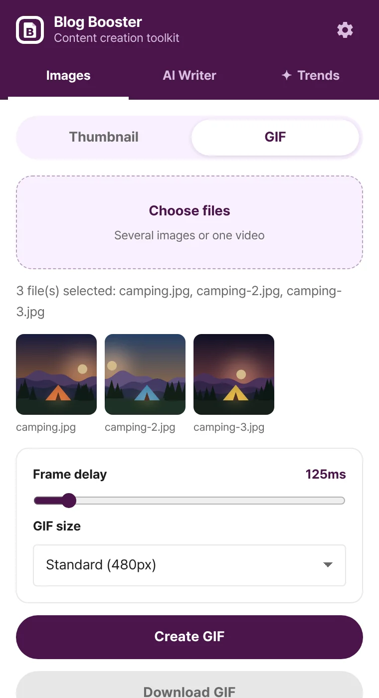 GIF maker with selected images and size options