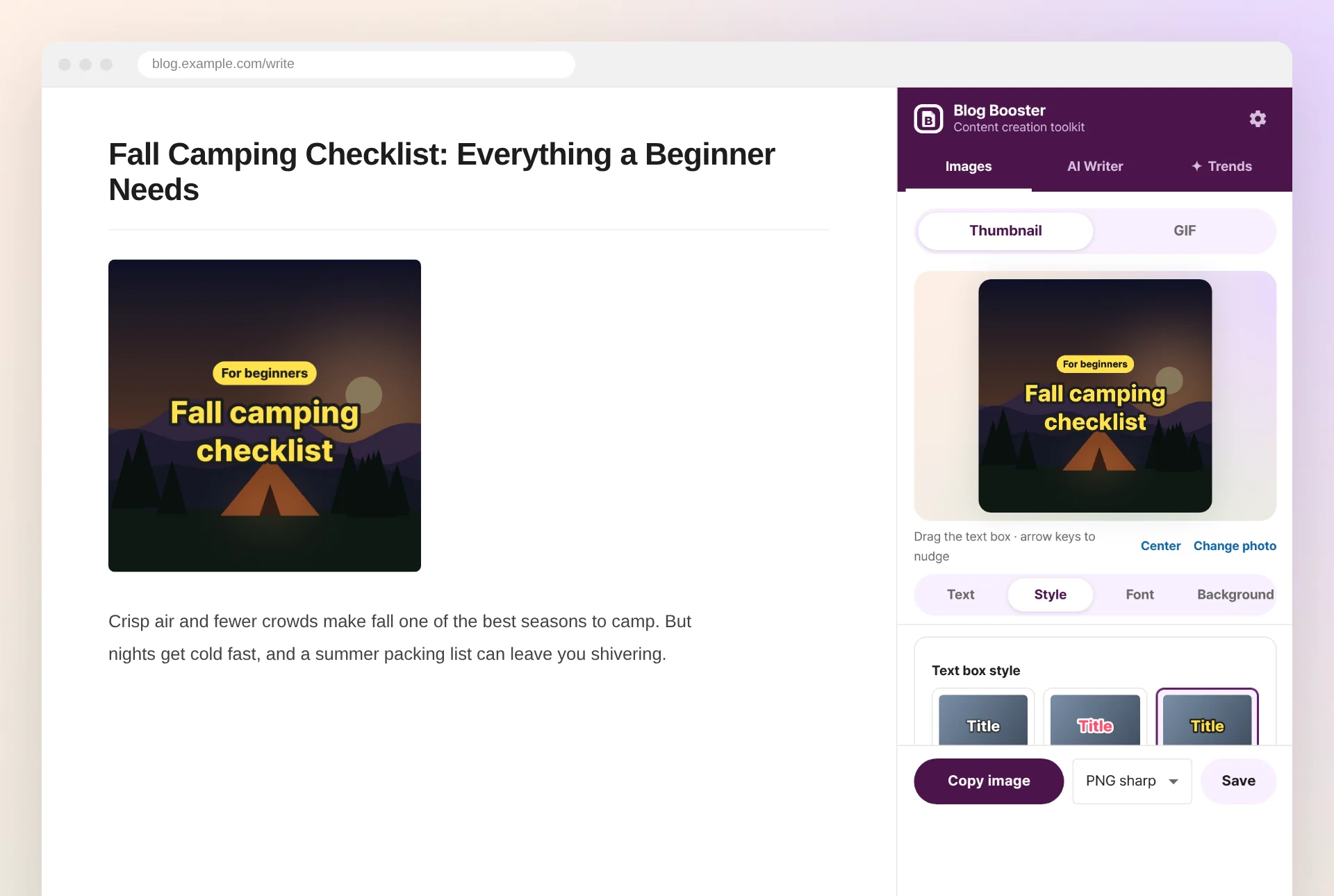 The Blog Booster side panel showing the thumbnail editor