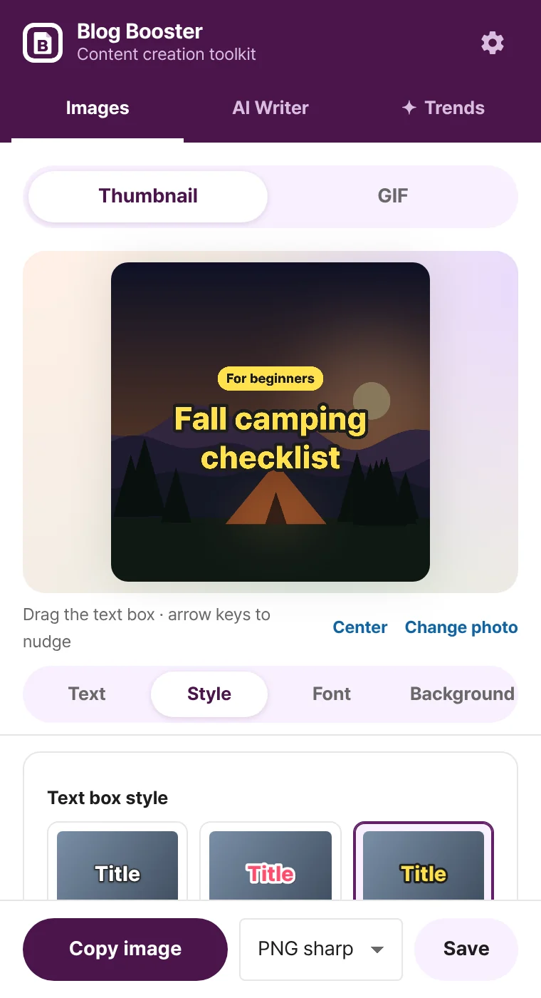 Thumbnail editor with a large title over a photo and the text box style list