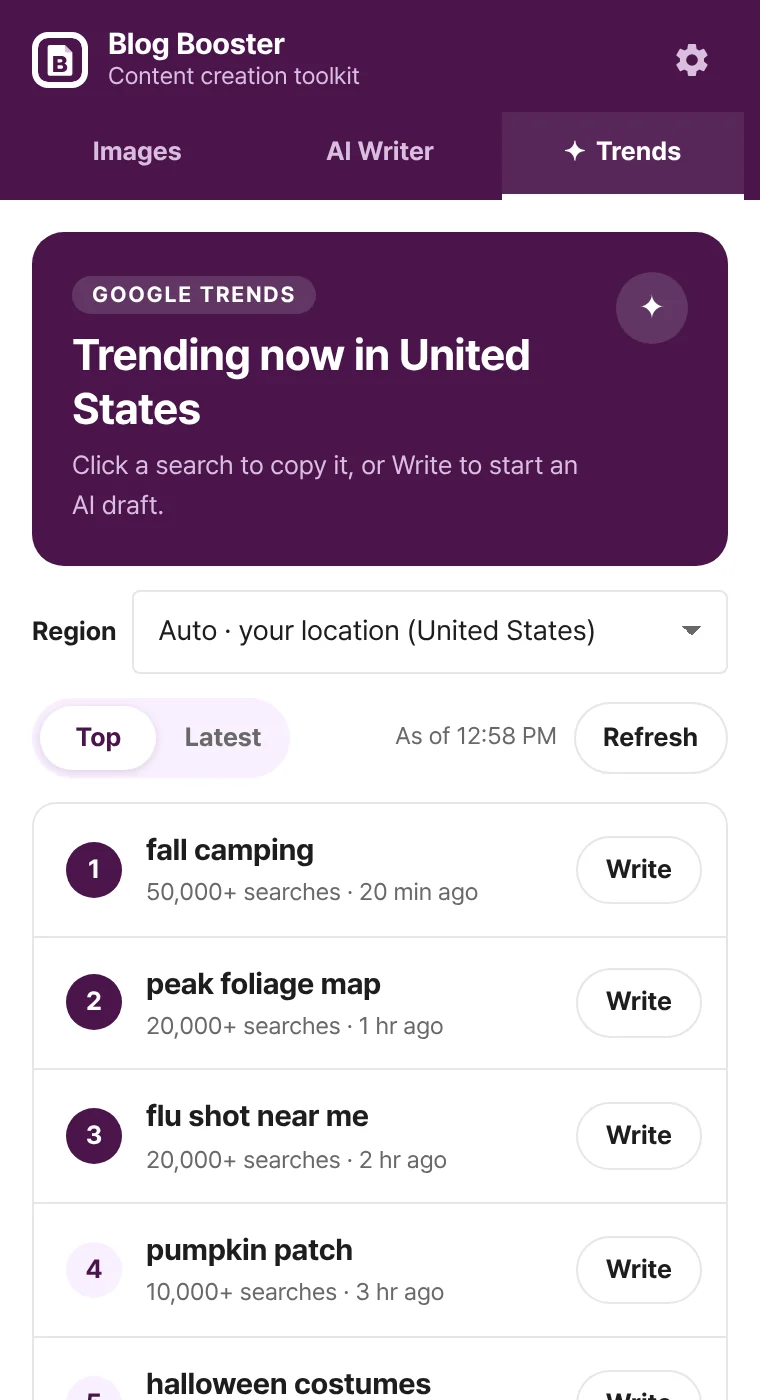 Trending searches list with a region picker and sort options